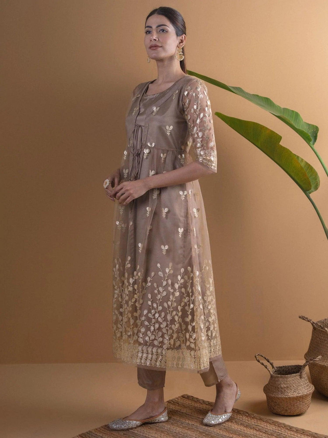 Brown Solid Shantoon Kurta Set With Jacket - ShopLibas