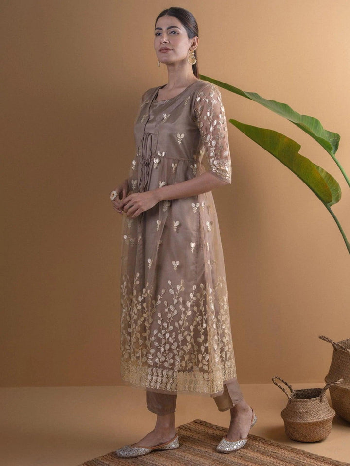 Brown Solid Shantoon Kurta Set With Jacket - ShopLibas