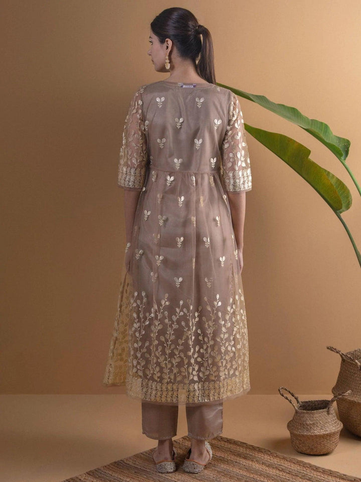 Brown Solid Shantoon Kurta Set With Jacket - ShopLibas