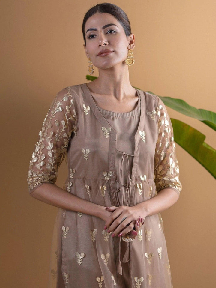 Brown Solid Shantoon Kurta Set With Jacket - ShopLibas