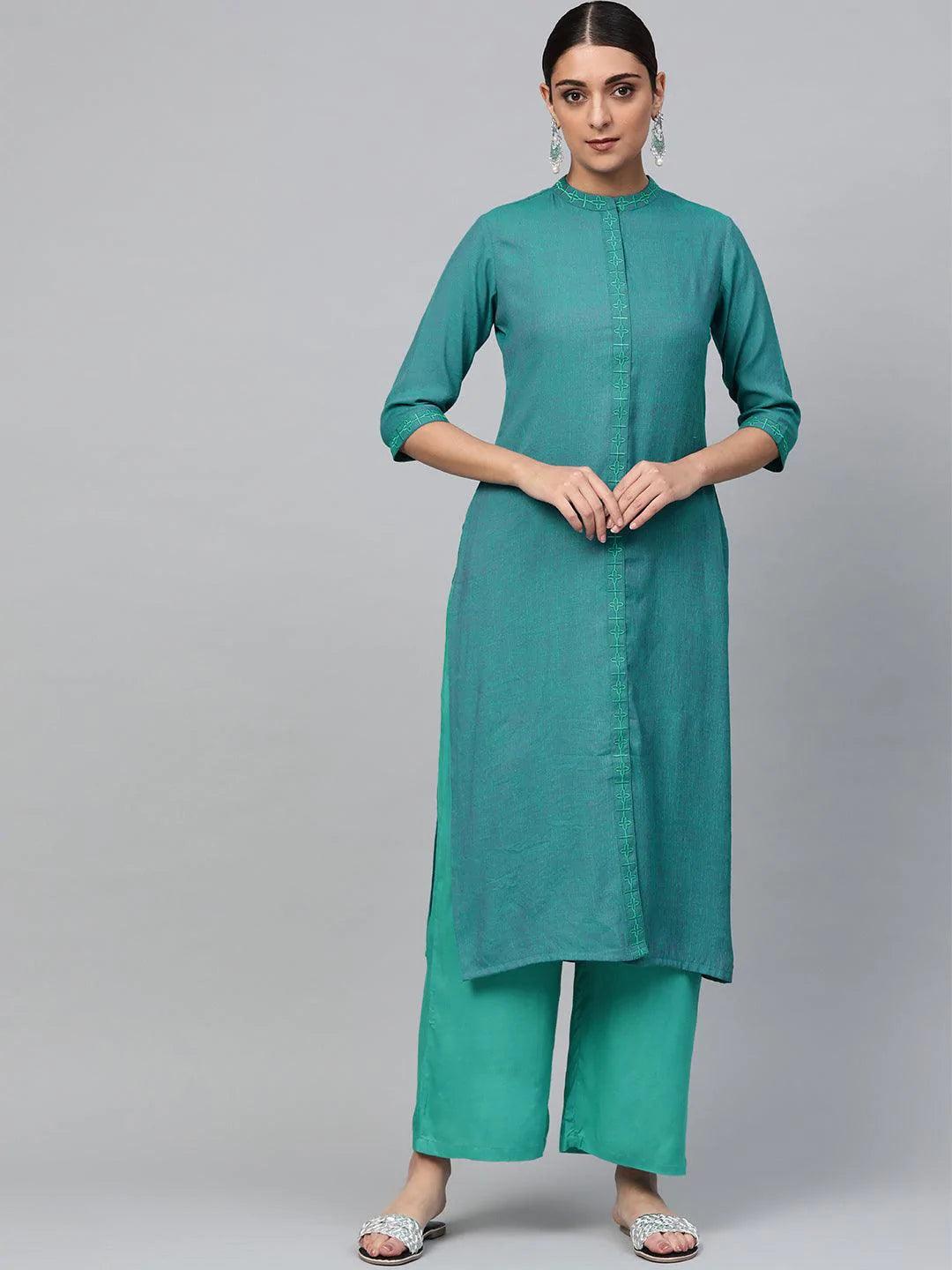Blue Embroidered Rayon Kurta Set - ShopLibas