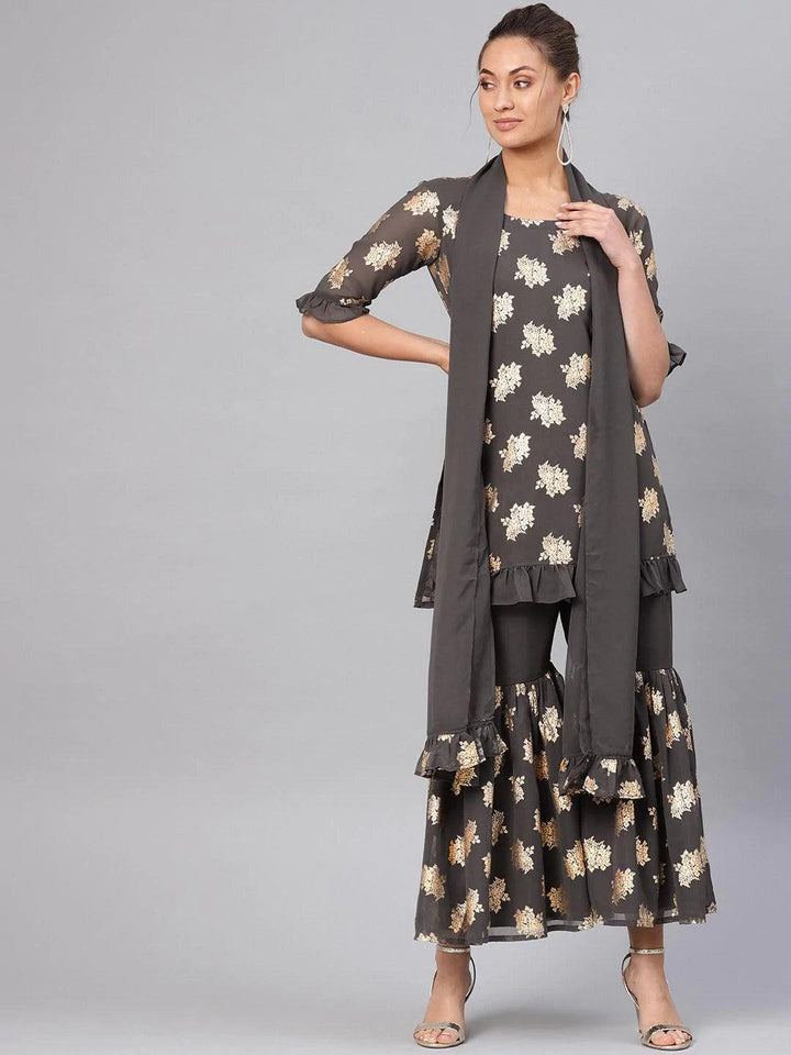 Grey Printed Georgette Suit Set - ShopLibas