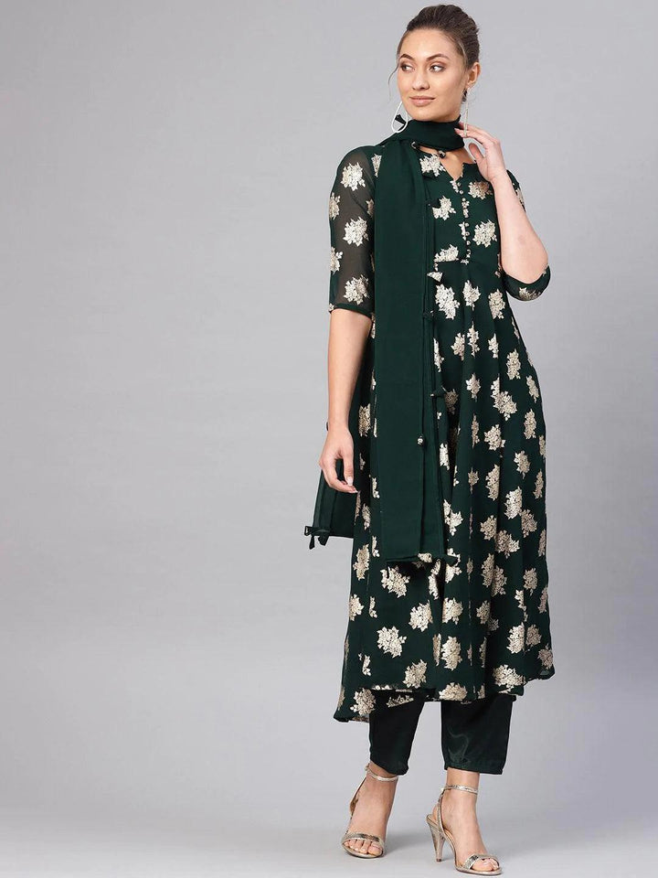 Green Printed Georgette Suit Set - ShopLibas