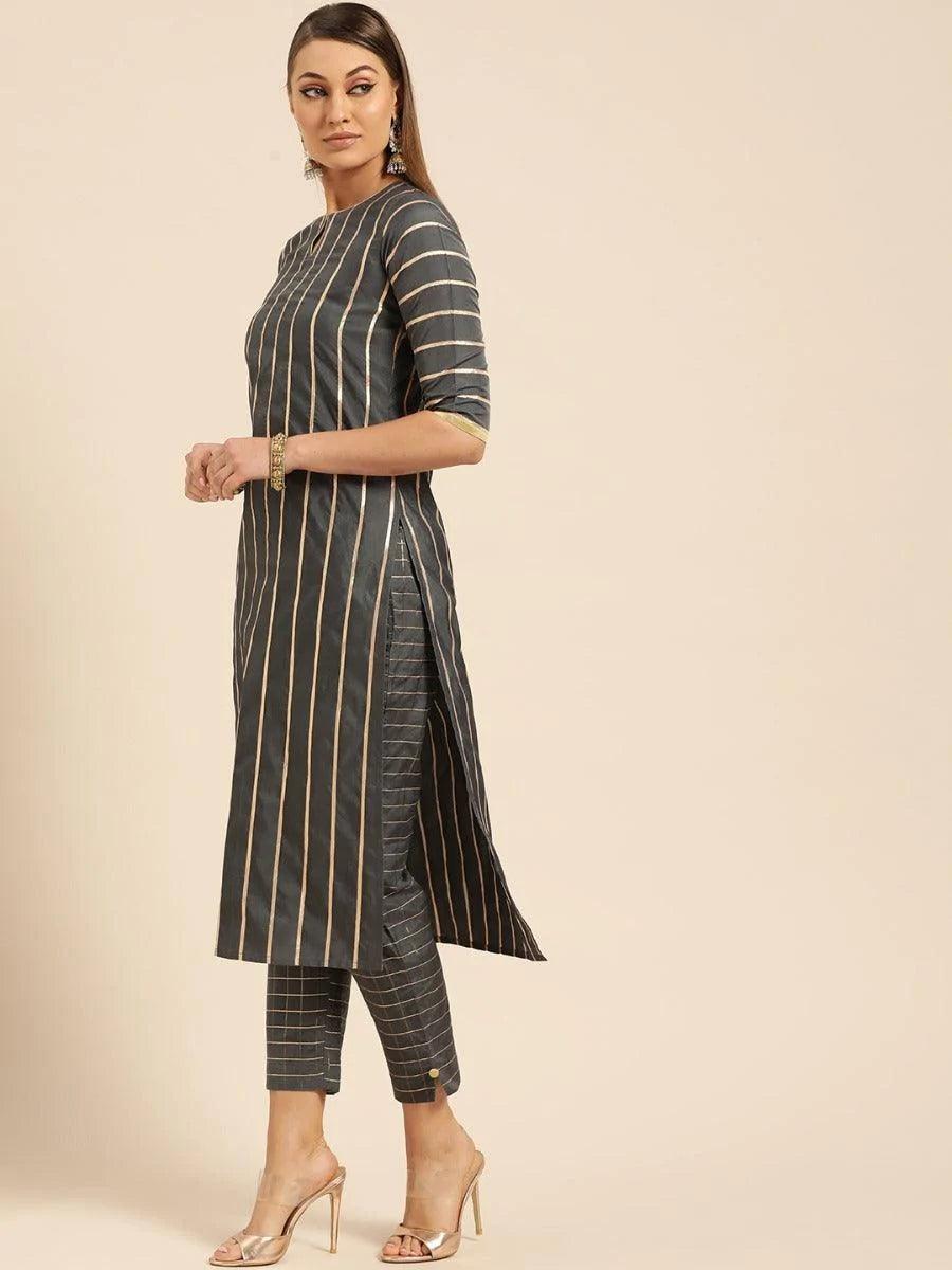 Charcoal Grey Self Design Chanderi Suit Set - ShopLibas 