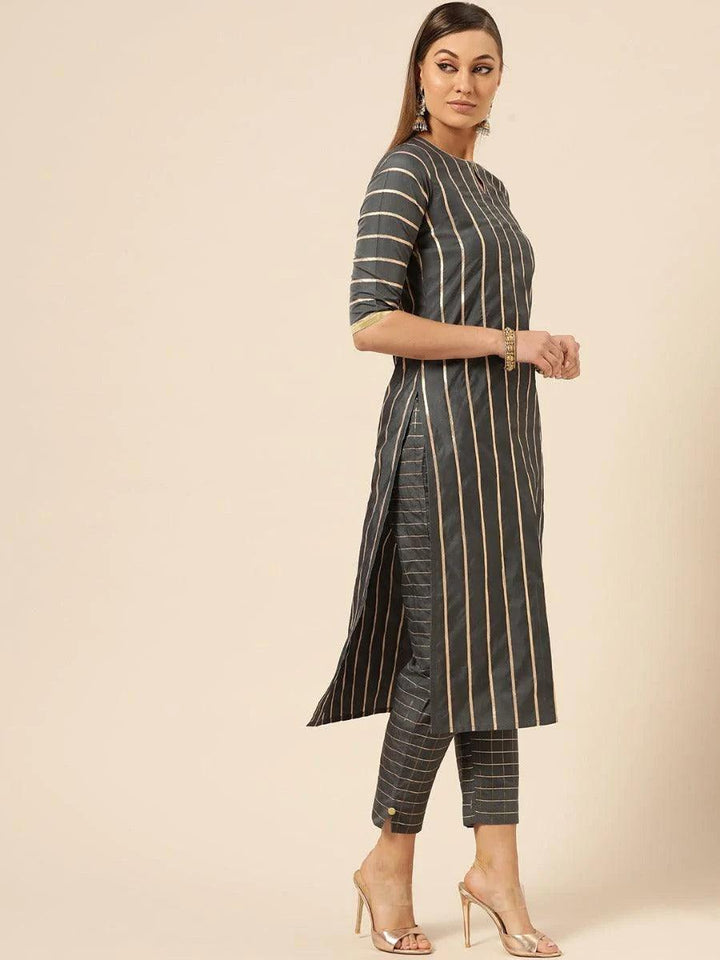 Charcoal Grey Self Design Chanderi Suit Set