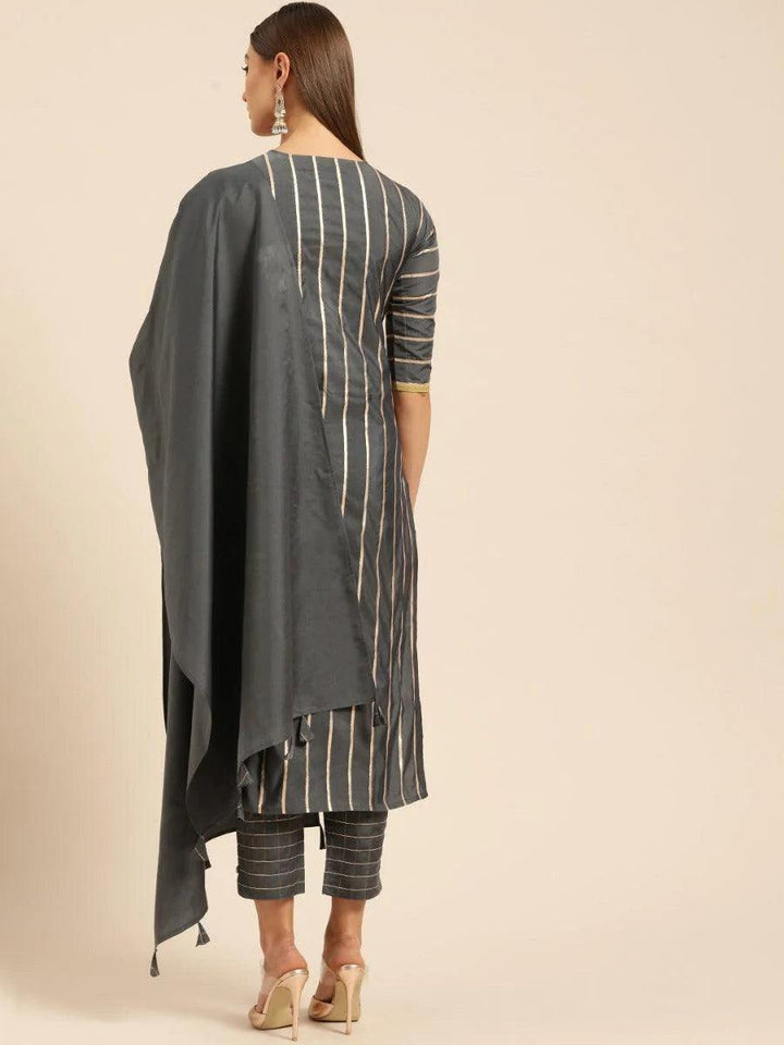 Charcoal Grey Self Design Chanderi Suit Set