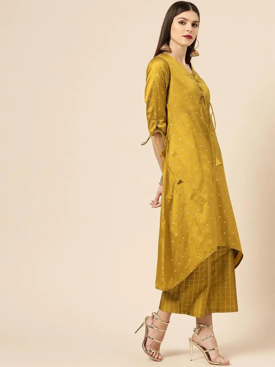 Mustard Self Design Silk Kurta Set - ShopLibas 