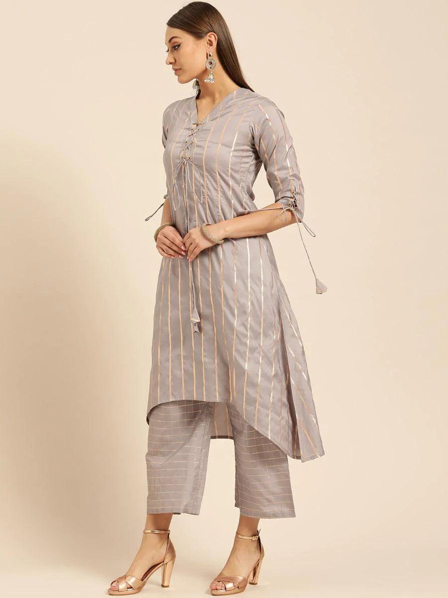 Grey Self Design Chanderi Kurta Set - ShopLibas 