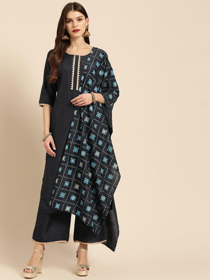 Navy Blue Solid Chanderi Suit Set - ShopLibas