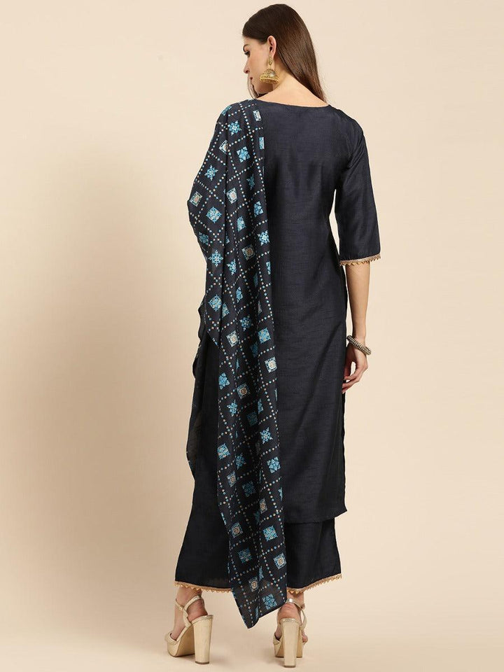 Navy Blue Solid Chanderi Suit Set - ShopLibas