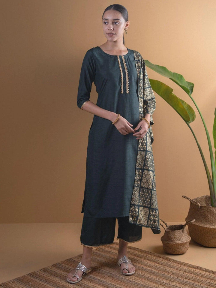 Green Solid Chanderi Suit Set - ShopLibas