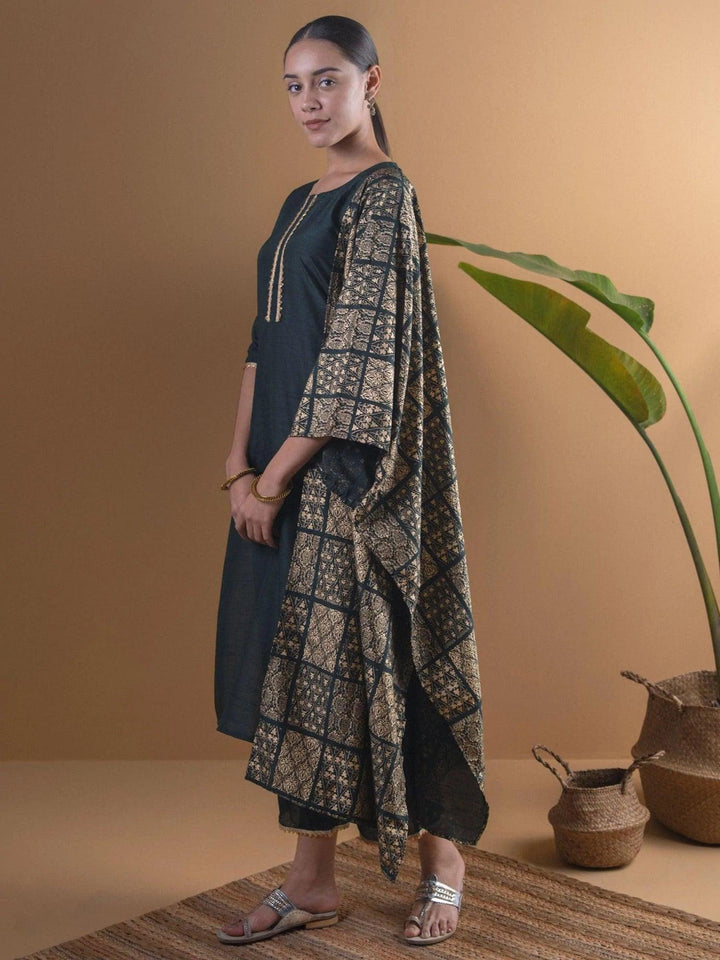 Green Solid Chanderi Suit Set - ShopLibas