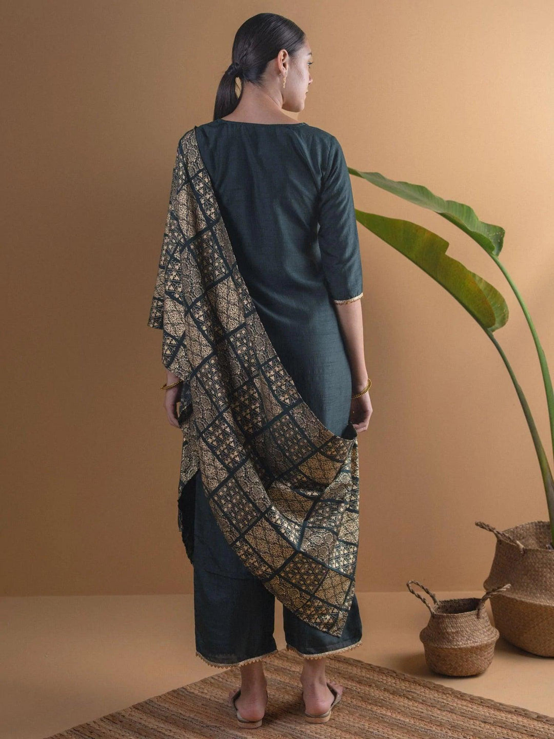 Green Solid Chanderi Suit Set - ShopLibas