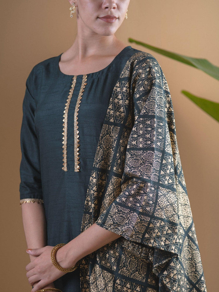 Green Solid Chanderi Suit Set - ShopLibas