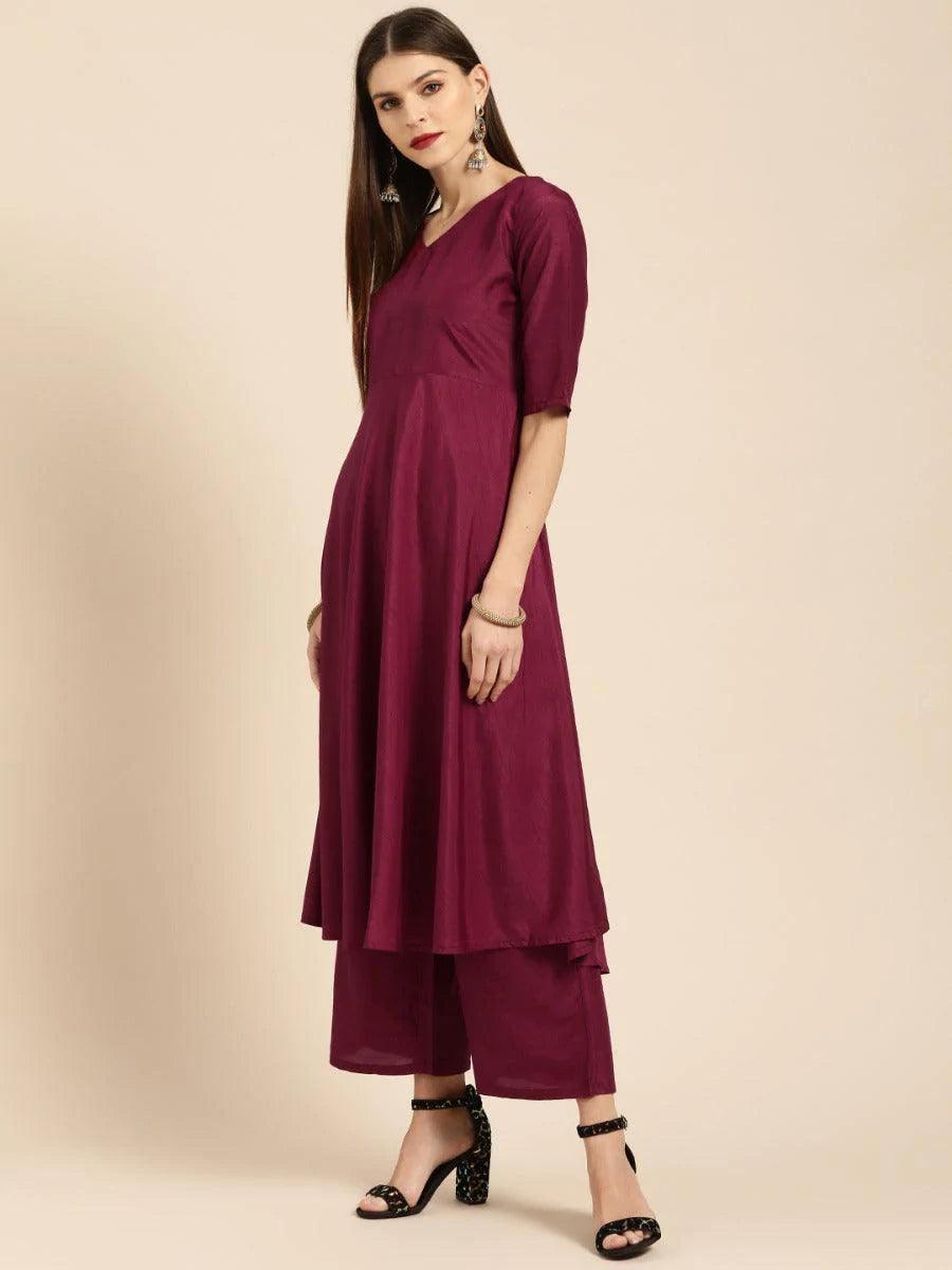 Burgundy Solid Silk Suit Set - ShopLibas