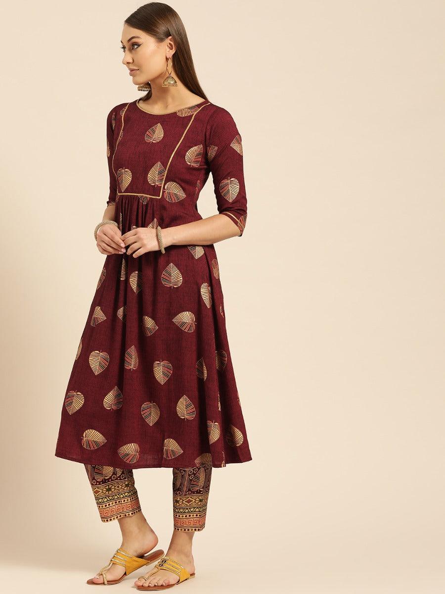 Maroon Printed Rayon Kurta Set - ShopLibas
