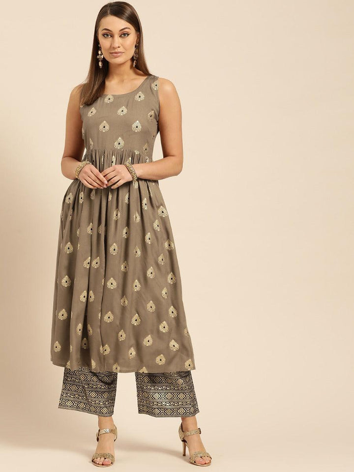Taupe Printed Rayon Kurta Set - ShopLibas