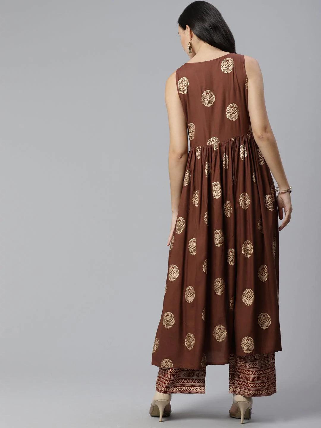 Brown Printed Rayon Kurta Set - ShopLibas
