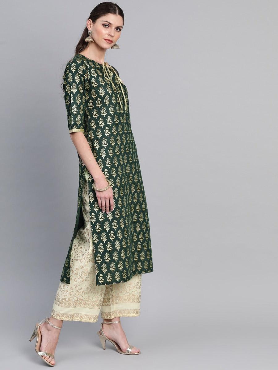 Green Printed Cotton Kurta Set - ShopLibas 
