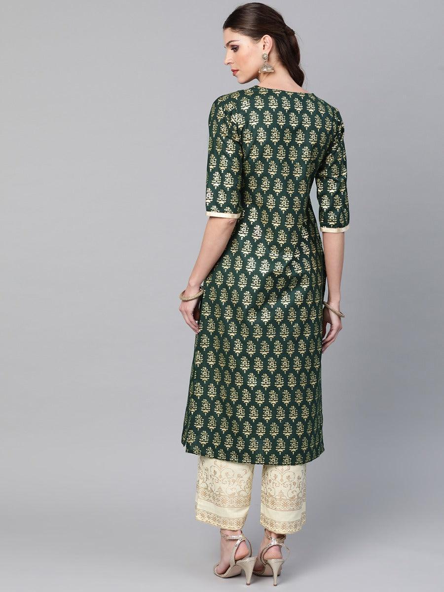 Green Printed Cotton Kurta Set - ShopLibas 