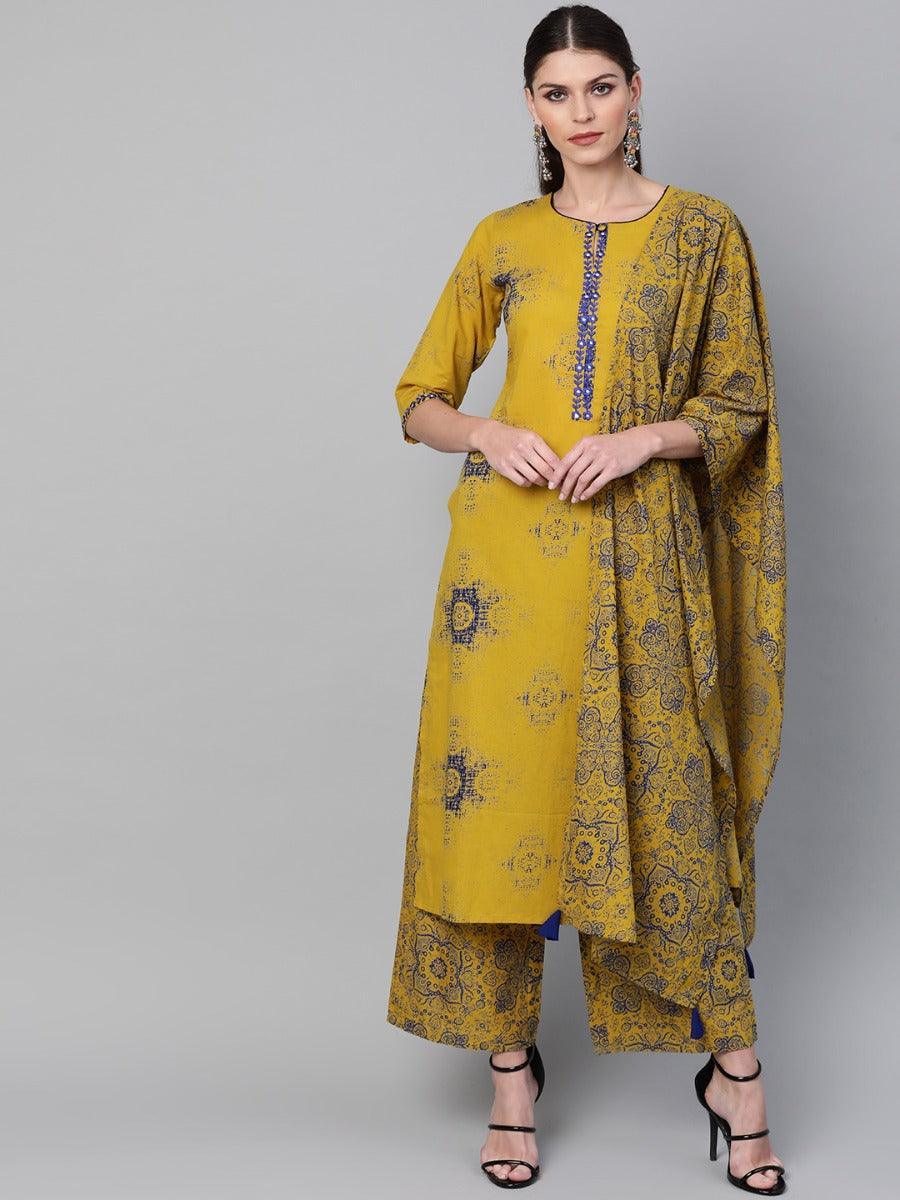 Mustard Printed Cotton Suit Set - ShopLibas