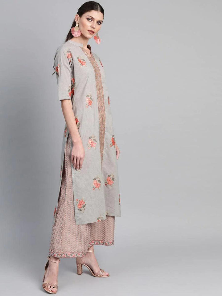 Grey Printed Cotton Kurta Set - ShopLibas
