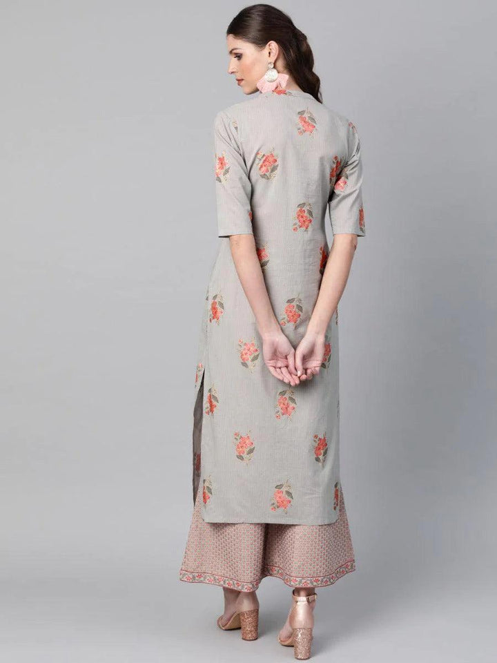 Grey Printed Cotton Kurta Set - ShopLibas