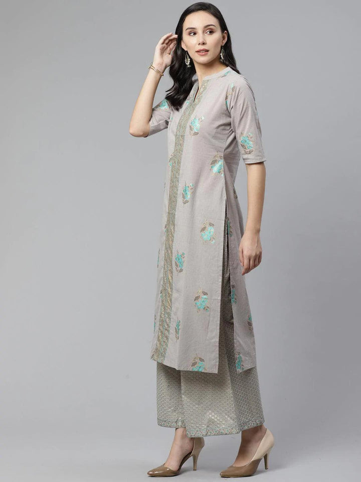 Grey Printed Cotton Kurta Set - ShopLibas