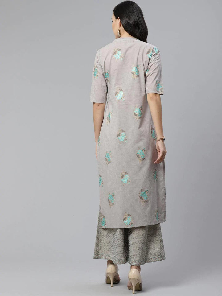 Grey Printed Cotton Kurta Set - ShopLibas