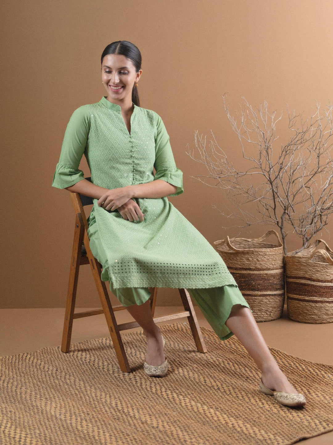 Green Schiffli Cotton Kurta Set - ShopLibas 