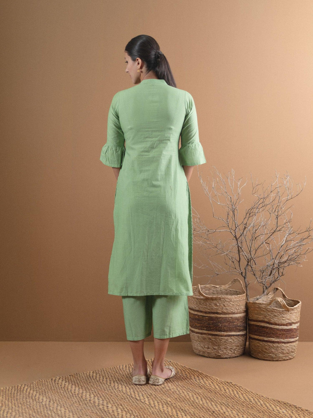 Green Schiffli Cotton Kurta Set - ShopLibas 