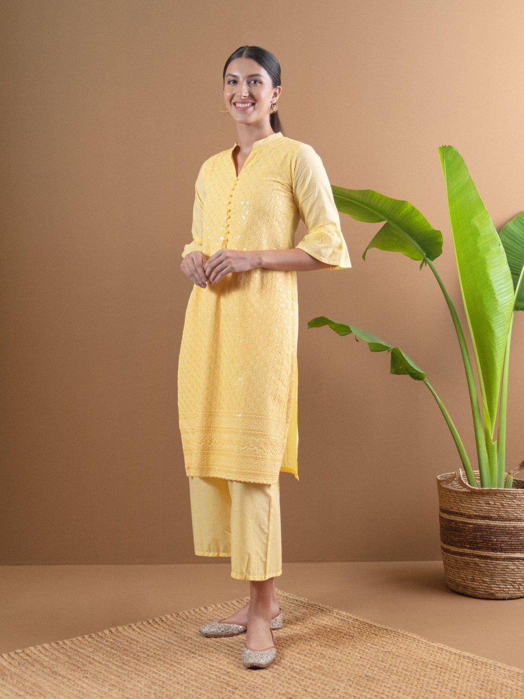 Yellow Schiffli Cotton Kurta Set - ShopLibas