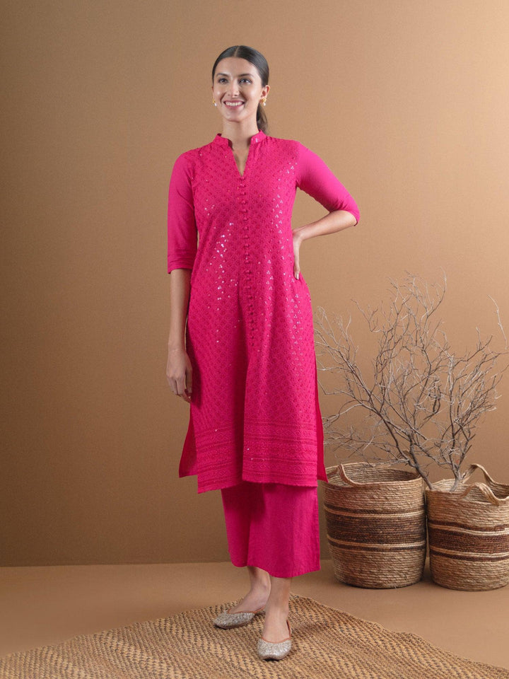 Pink Schiffli Cotton Kurta Set - ShopLibas