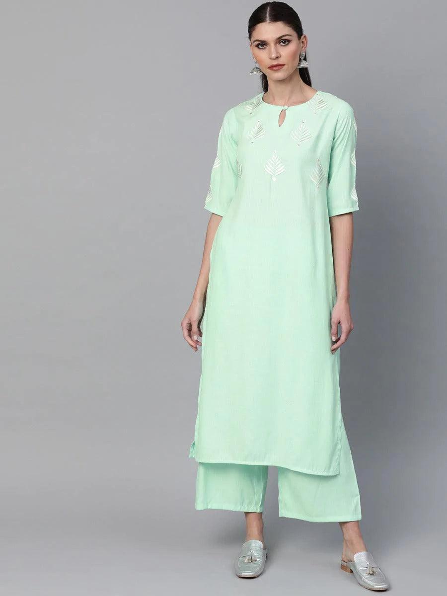 Sea Green Embroidered Rayon Kurta Set - ShopLibas