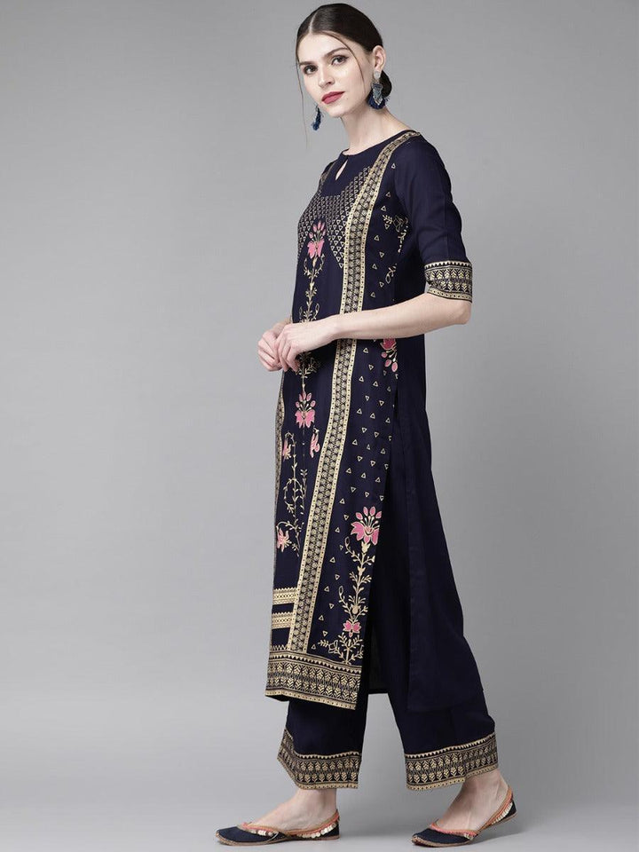 Navy Blue Printed Rayon Kurta Set