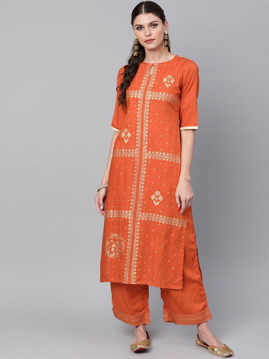 Rust Printed Rayon Kurta Set - ShopLibas