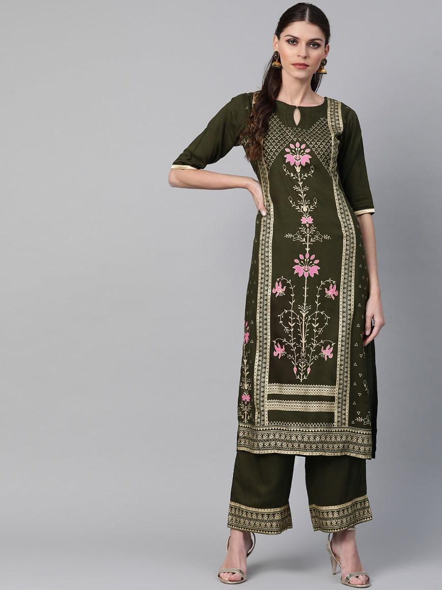 Olive Green Printed Rayon Kurta Set - ShopLibas