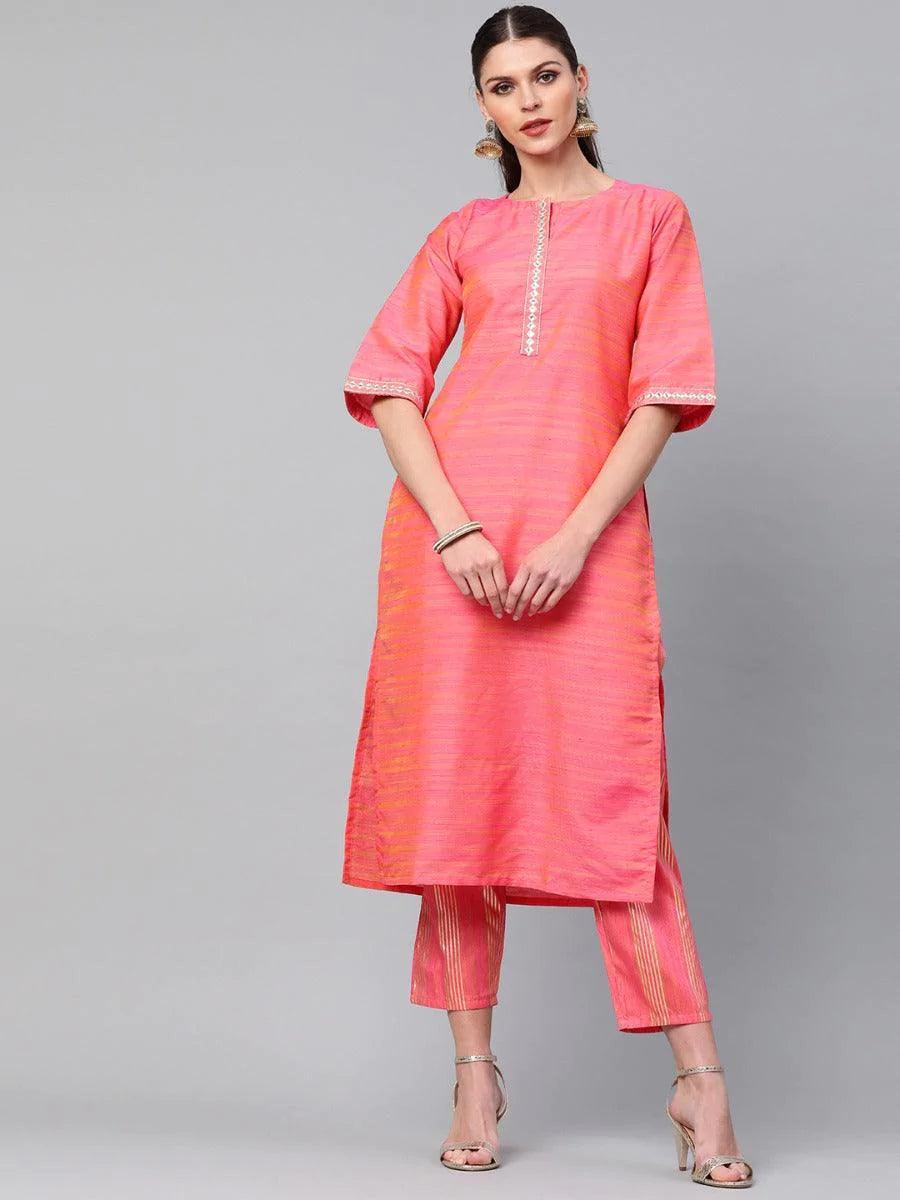 Pink Self Design Chanderi Kurta Set - ShopLibas