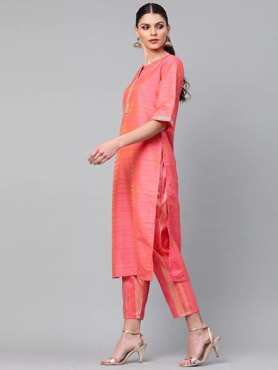 Pink Self Design Chanderi Kurta Set - ShopLibas 