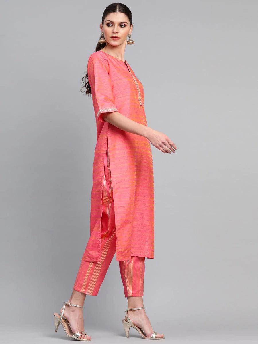 Pink Self Design Chanderi Kurta Set - ShopLibas 