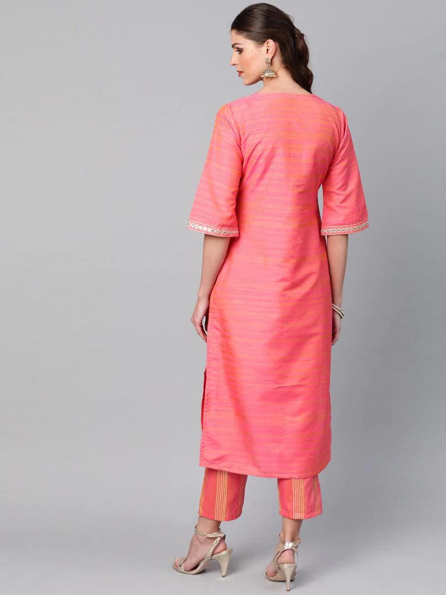 Pink Self Design Chanderi Kurta Set - ShopLibas 
