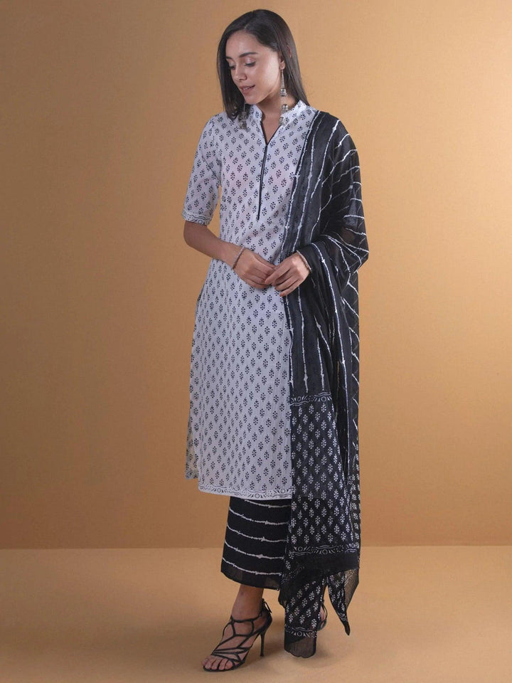 White Printed Cotton Suit Set - ShopLibas