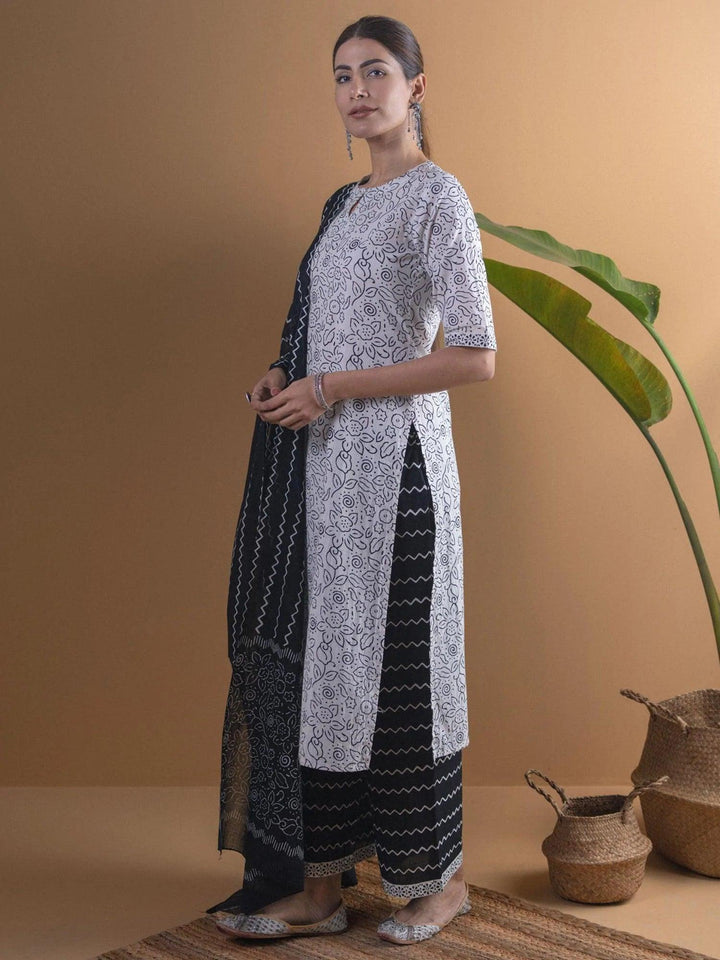 White Printed Cotton Suit Set - ShopLibas