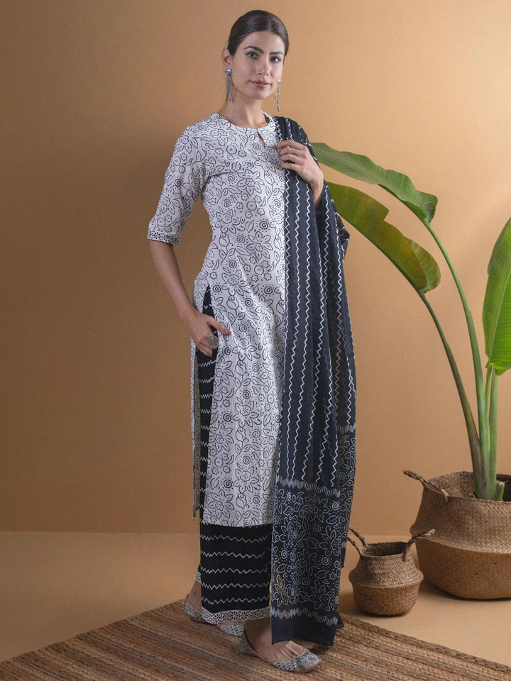 White Printed Cotton Suit Set - ShopLibas