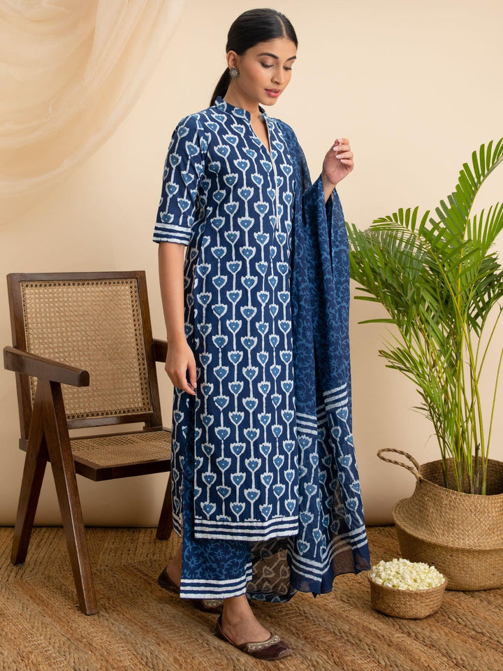 Blue Printed Cotton Suit Set - ShopLibas