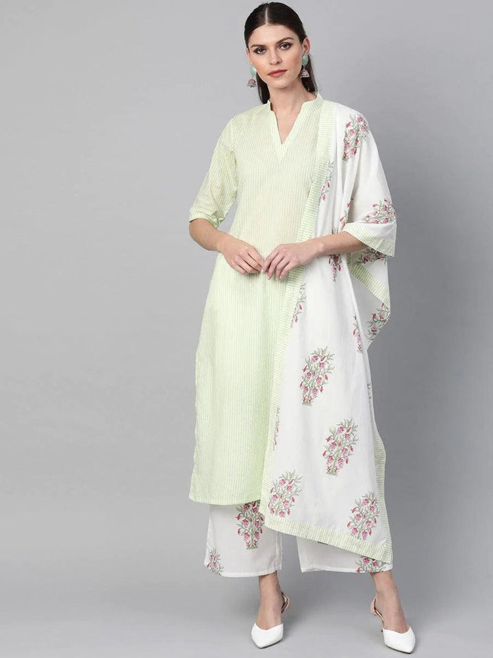 Green Striped Cotton Suit Set - ShopLibas