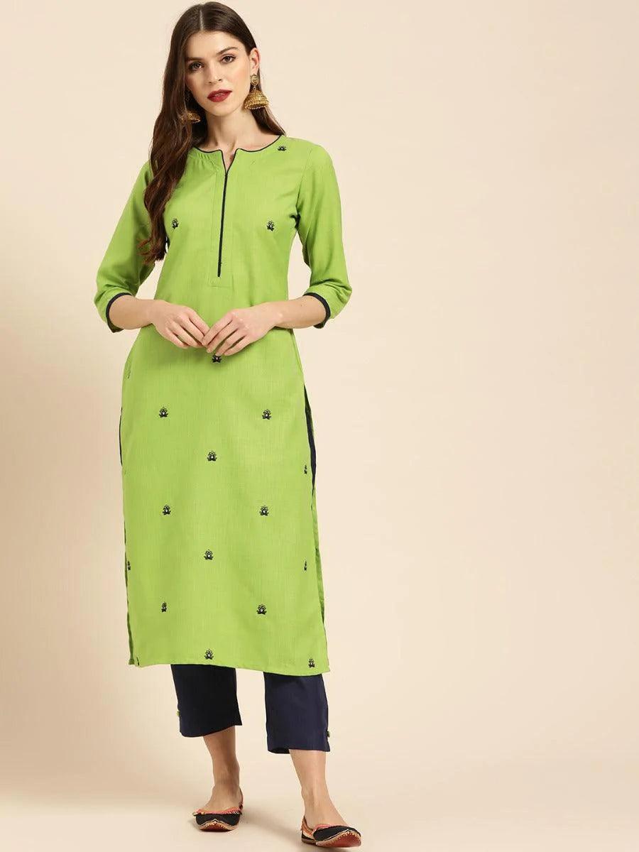 Green Embroidered Cotton Kurta Set - ShopLibas
