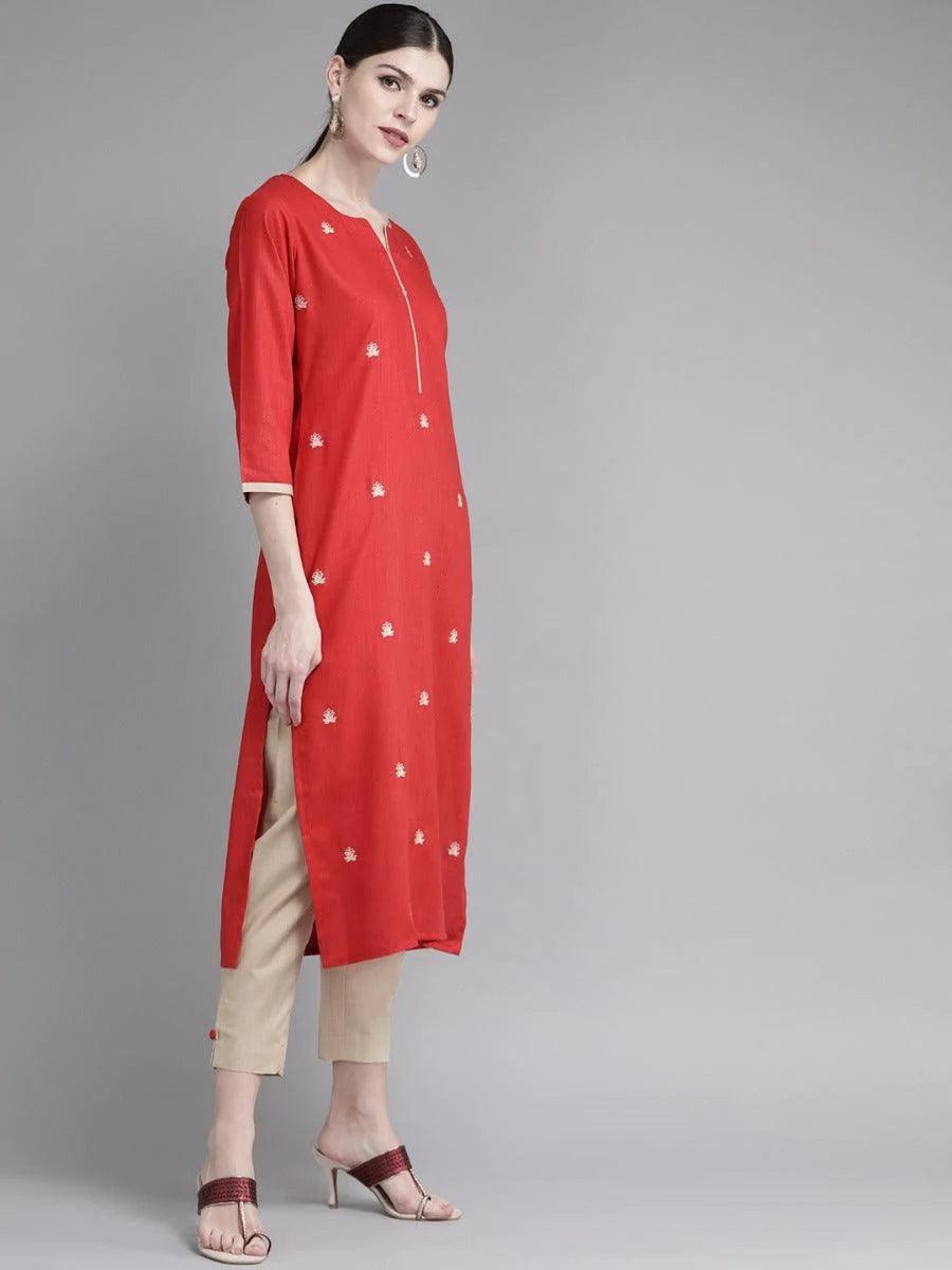 Red Embroidered Cotton Kurta Set - ShopLibas 