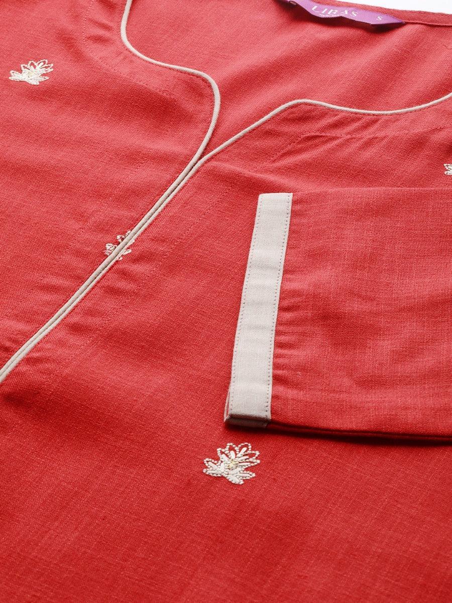 Red Embroidered Cotton Kurta Set - ShopLibas 