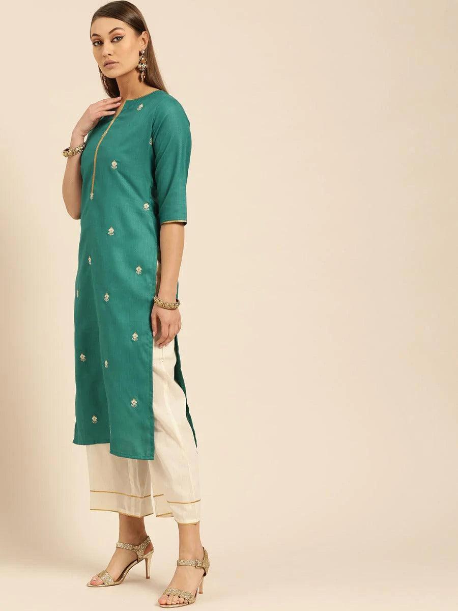 Green Embroidered Cotton Kurta Set - ShopLibas 